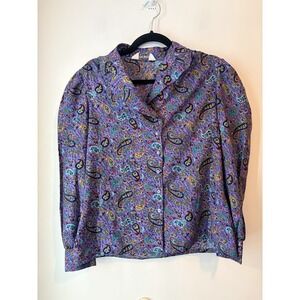 Vintage Judy Bond Purple Paisley Western Button Front Blouse Womens Large Retro